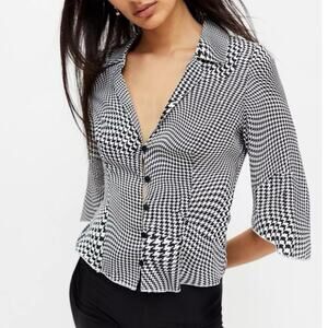 Urban Outfitters Collar Houndstooth Button Up Shirt Satin Flare Slv XS Retro Vtg
